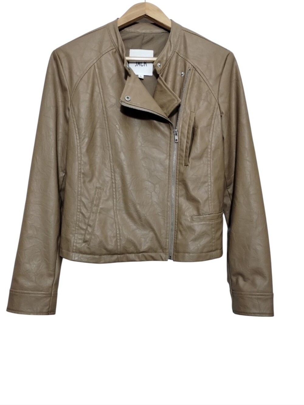 Jack by BB Dakota Taupe Vegan Leather Moto Jacket Women's L Full Zip Boho